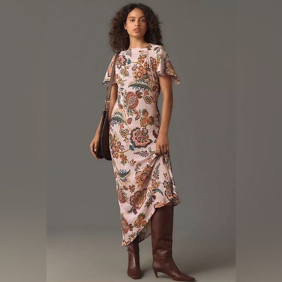 kachel anthropologie Dresses & Skirts - Kachel x Anthropologie Floral Flutter Sleeve Midi Dress Pink Romantic Boho Size